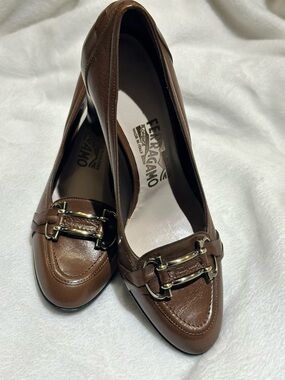 Salvatore Ferragamo Brown Leather Loafers with Gold Hardware